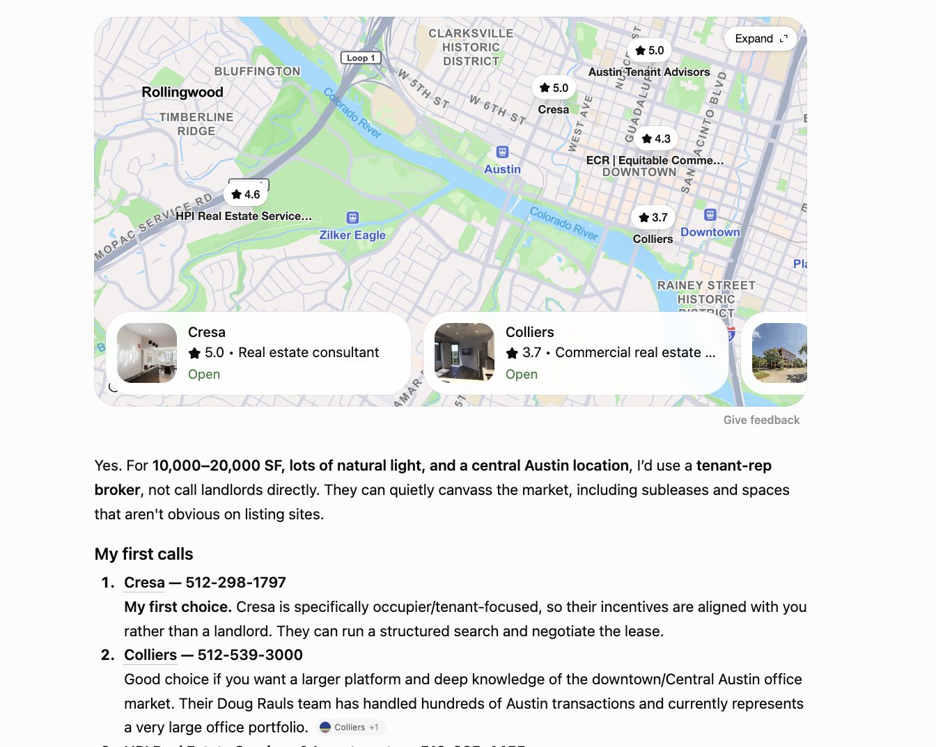 LLM answer showing a map of Austin CRE brokerages and a ranked list of first calls